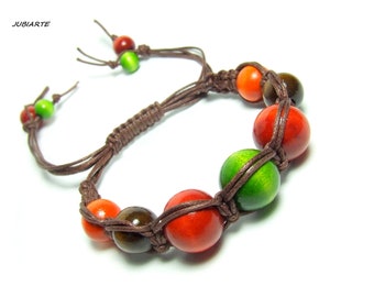 Wooden Bracelet, Eco-Friendly Bracelet, Brown, Green, Orange beads, Adjustable Bracelet, Colors of Autumn