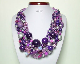 Collier de lavande, collier tressé, collier violet, perles en bois, argent, violet