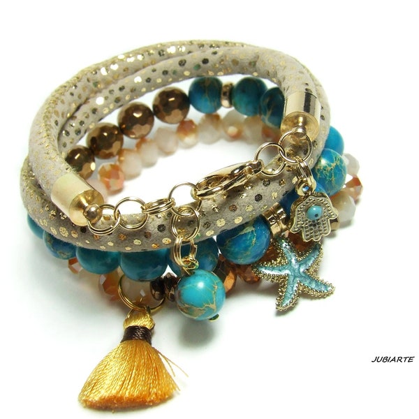 Ensemble de bracelets, jaspe de sédiments de la mer bleue, Wrap Bracelet, bracelet empilable, bracelet Jasper, Hamsa, bijoux Boho