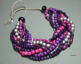 Collier violet, collier en bois tressé, violet, argent, fil de lin