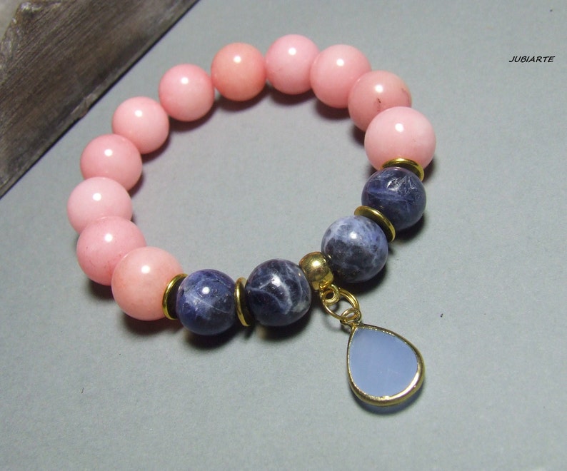 Pulsera de piedras preciosas de color rosa-azul, pulsera apilable, sodalita azul, pulsera elástica imagen 1