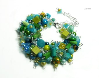 Pulsera de racimo, pulsera gruesa, pulsera con colgantes, joyería de flores, pulsera Cha cha, pulsera azul verdosa