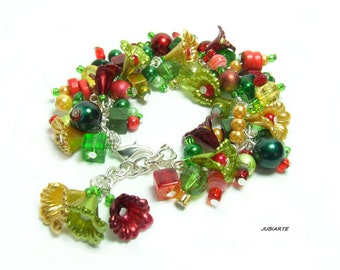 Colorful Bracelet, Chunky Bracelet, Cluster Bracelet, Bracelet with Flowers, Botanical Bracelet, Charms Bracelet