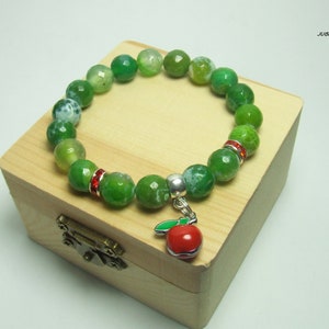 Pulsera de ágata verde, pulsera de ágata de fuego, manzana roja, pulsera elástica, pulsera de piedra verde imagen 4