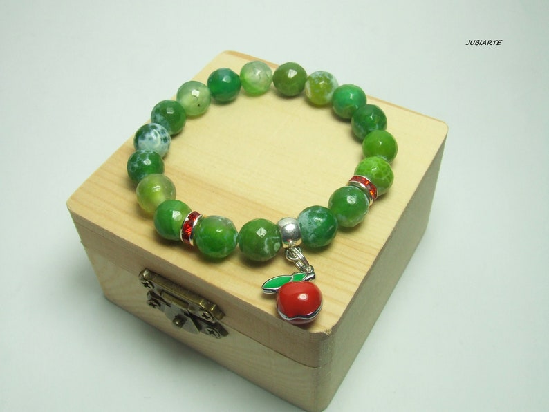 Pulsera de ágata verde, pulsera de ágata de fuego, manzana roja, pulsera elástica, pulsera de piedra verde imagen 4