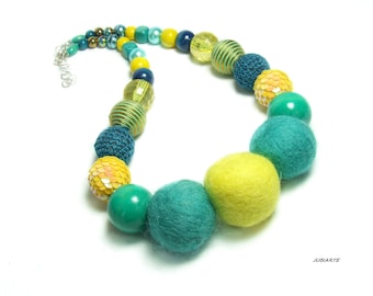 Statement Necklace, Chunky Necklace, Iris Apfel Style, Thick necklace, Felt beads, Wooden jewelry, Yellow-turquoise necklace