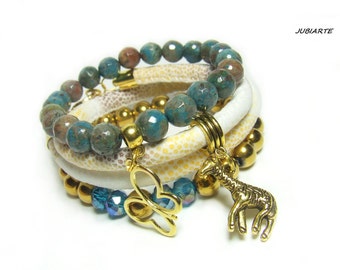 Conjunto de pulseras, jaspe de sedimento de mar azul, pulsera de abrigo, pulsera de jaspe, pulsera de BOHO