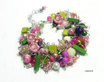 Pulsera en los colores de los jacintos, pulsera colgante de bruja, pulsera gruesa, flores, lila, rosa, blanco, verde