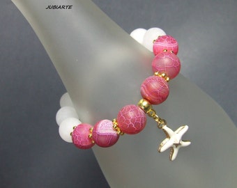 Agate Bracelet, Gemstone Stretchy Bracelet, Starfish Pendant, White jade bracelet, Stackable, Pink and White