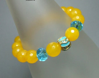 Bracelet en jade jaune, HOT SUMMER, Bracelet extensible, Bracelet de pierres précieuses, Or, Bleu, Océan, Vacances, Plage