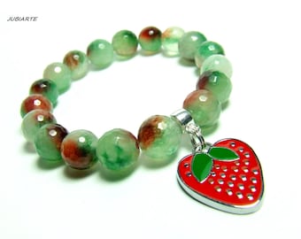 Grüne Jade Armband, ERDBEERE, Edelstein Armband, dehnbares Armband, Obstschmuck