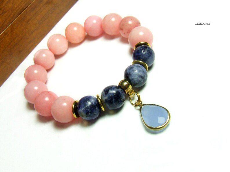 Pulsera de piedras preciosas de color rosa-azul, pulsera apilable, sodalita azul, pulsera elástica imagen 2