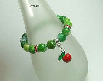 Green Agate Bracelet, Gemstone bracelet, Red Apple, Stretchy Bracelet, Charms bracelet