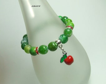 Pulsera de ágata verde, pulsera de ágata de fuego, manzana roja, pulsera elástica, pulsera de piedra verde