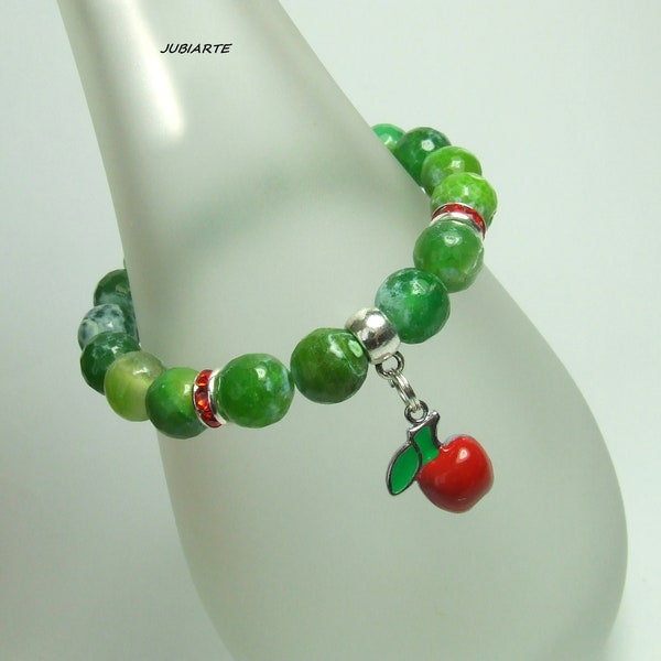 Pulsera de ágata verde, pulsera de ágata de fuego, manzana roja, pulsera elástica, pulsera de piedra verde