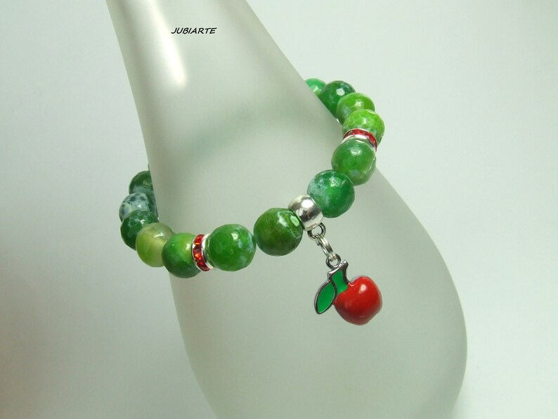 Pulsera de ágata verde, pulsera de ágata de fuego, manzana roja, pulsera elástica, pulsera de piedra verde imagen 1