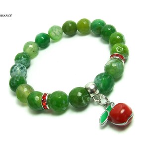 Pulsera de ágata verde, pulsera de ágata de fuego, manzana roja, pulsera elástica, pulsera de piedra verde imagen 2