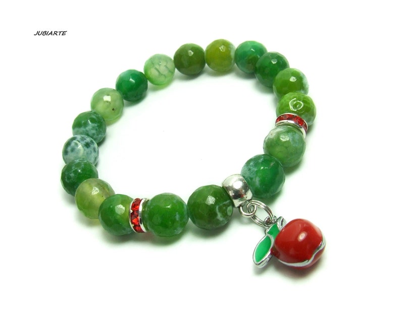 Pulsera de ágata verde, pulsera de ágata de fuego, manzana roja, pulsera elástica, pulsera de piedra verde imagen 2