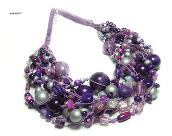 Collier de lavande, collier tressé, collier violet, perles en bois, argent, violet