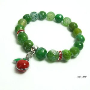 Pulsera de ágata verde, pulsera de ágata de fuego, manzana roja, pulsera elástica, pulsera de piedra verde imagen 3