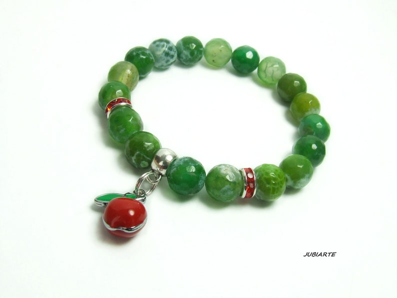 Pulsera de ágata verde, pulsera de ágata de fuego, manzana roja, pulsera elástica, pulsera de piedra verde imagen 3