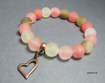 Pulsera rosa pastel, pulsera de cuarzo, pulsera elástica, pulsera de piedras preciosas, corazón de cobre, pulsera apilable