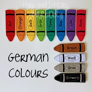 Jumbo Crayon Colours Finger Puppet set Teaching Aid French Colours Spanish Colours Exclusive to Hugs and Stitches Embroidery German