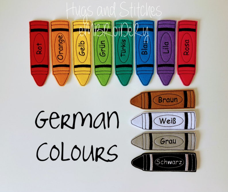 Jumbo Crayon Colours Finger Puppet set Teaching Aid French Colours Spanish Colours Exclusive to Hugs and Stitches Embroidery German