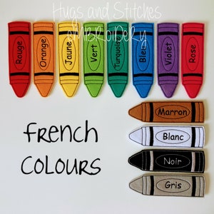 Jumbo Crayon Colours Finger Puppet set Teaching Aid French Colours Spanish Colours Exclusive to Hugs and Stitches Embroidery French