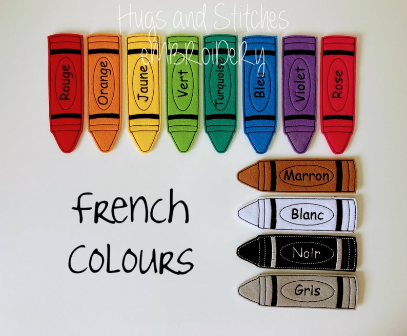 Jumbo Crayon Colours Finger Puppet set Teaching Aid French Colours Spanish Colours Exclusive to Hugs and Stitches Embroidery French