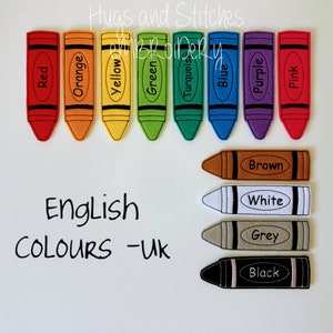 Jumbo Crayon Colours Finger Puppet set Teaching Aid French Colours Spanish Colours Exclusive to Hugs and Stitches Embroidery English UK