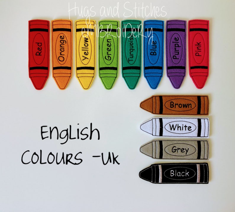 Jumbo Crayon Colours Finger Puppet set Teaching Aid French Colours Spanish Colours Exclusive to Hugs and Stitches Embroidery English UK