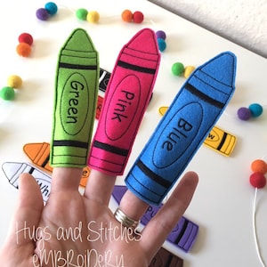 Jumbo Crayon Colours Finger Puppet set Teaching Aid French Colours Spanish Colours Exclusive to Hugs and Stitches Embroidery image 6