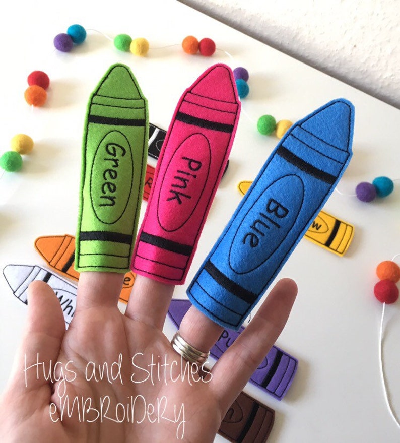 Jumbo Crayon Colours Finger Puppet set Teaching Aid French Colours Spanish Colours Exclusive to Hugs and Stitches Embroidery image 6