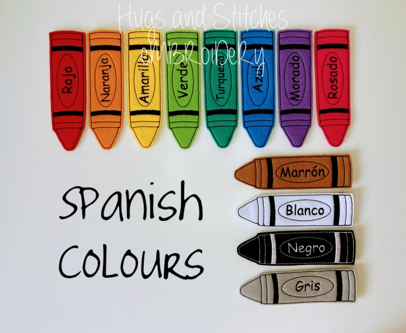 Jumbo Crayon Colours Finger Puppet set Teaching Aid French Colours Spanish Colours Exclusive to Hugs and Stitches Embroidery Spanish