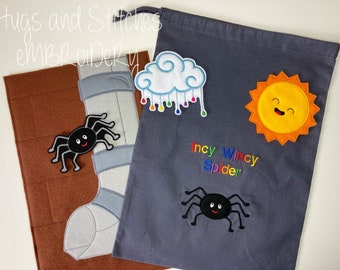 Incy Wincy Spider Finger Puppet set | Nursery Rhyme Finger Puppets | Learning aid | Exclusive to Hugs and Stitches Embroidery