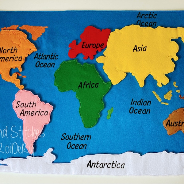 Montessori style World Map with loose Continents | Oceans and Continents | World Map | exclusive to Hugs and Stitches Embroidery