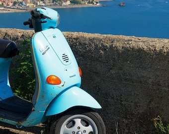 Amalfi Coast Photography, Baby Blue Vespa, Italy Seascape, Mediterranean Sea | Travel Photography by TheWorldExplored