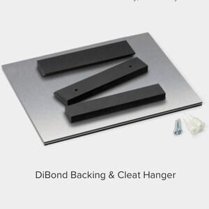 May include: A silver metal sheet with black metal cleats attached to the back. The cleats are used to hang the sheet on a wall. Two white plastic anchors and two silver screws are included.