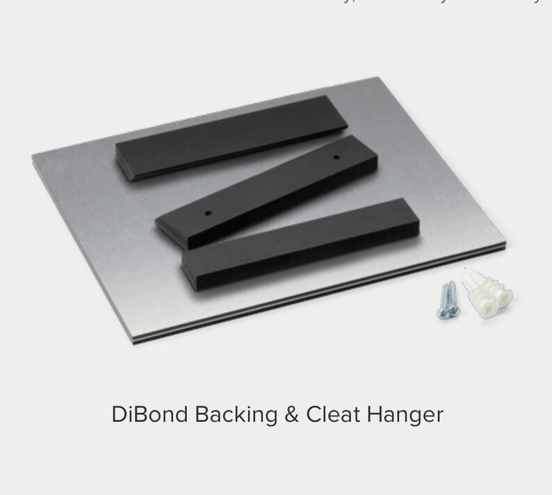 May include: A silver metal sheet with black metal cleats attached to the back. The cleats are used to hang the sheet on a wall. Two white plastic anchors and two silver screws are included.