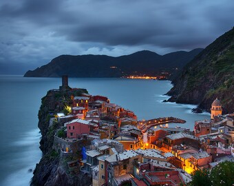 Vernazza Twilight Print, Cinque Terre Wall Art, Liguria, Italy, Mediterranean Sea, Fishing Village | Travel Photography by TheWorldExplored