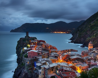 Vernazza Twilight Print, Cinque Terre Wall Art, Liguria, Italy, Mediterranean Sea, Fishing Village | Travel Photography by TheWorldExplored