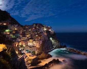 Manarola Moonrise, Cinque Terre, Liguria, Italy, Mediterranean Sea, Fishing Village, Boats | Travel Photography by TheWorldExplored