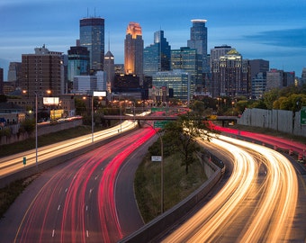 Minneapolis Skyline, Minnesota, Cityscape, Downtown, Light Trails, Skyscrapers, 35W | Travel Photography by TheWorldExplored