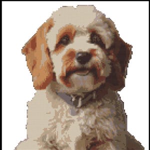 May include: A cross-stitch image of a dog with a light brown and white coat. The dog has floppy ears, a brown muzzle, and a blue collar. The dog is looking directly at the viewer.