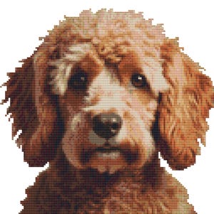 May include: A cross-stitch design depicting a dog's face, rendered in shades of light brown and white. The dog has a fluffy coat and a focused expression. The image showcases detailed stitching, with a white backdrop highlighting the subject.