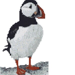May include: A cross-stitch image of a puffin. The bird features a black head and back, a white chest, and a large, colourful beak with red, orange, and yellow shades. The puffin stands on a grey surface with orange feet.