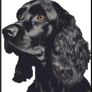 May include: A cross-stitch depiction of a black dog with amber eyes. The dog's fur is detailed in black and grey, giving a textured appearance. The image is framed with a black border, accentuating the dog's profile against a white background.