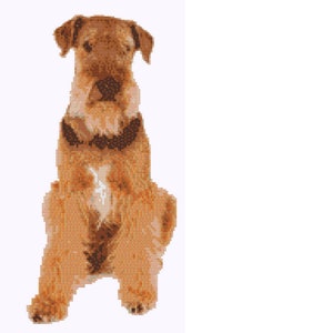 Peut inclure: Représentation en pixel art d'un Airedale Terrier assis. Le chien a un pelage brun et beige, avec un collier brun plus foncé. Le chien est tourné vers l'avant, les oreilles dressées et le regard fixé.