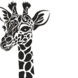 Może przedstawiać: Czarno-biała ilustracja głowy i szyi żyrafy. Projekt wykorzystuje pikselowy styl z szczegółowymi wzorami i kształtami. Ciało żyrafy jest czarne z białymi plamami.